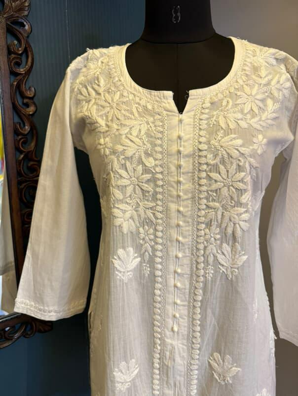 White Cotton Short Kurti with Potli Buttons & Chikankari Work