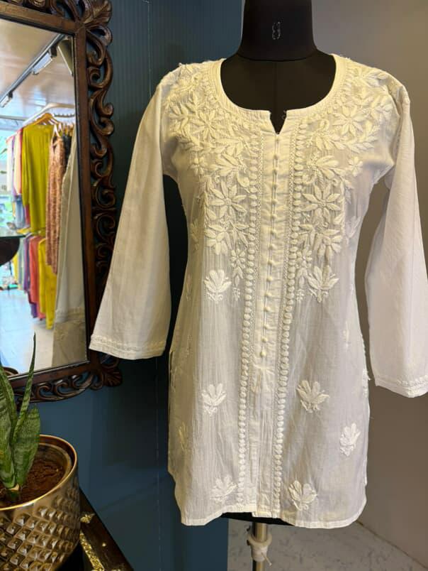 White Cotton Short Kurti with Potli Buttons & Chikankari Work