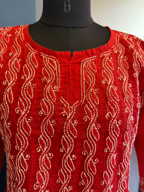 Red Pure Cotton Anarkali with Chikankari Shadow Embroidery