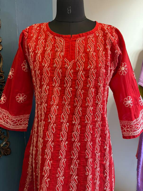 Red Pure Cotton Anarkali with Chikankari Shadow Embroidery
