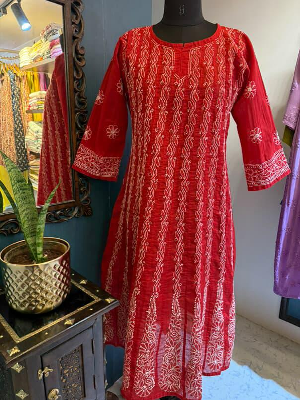 Red Pure Cotton Anarkali with Chikankari Shadow Embroidery