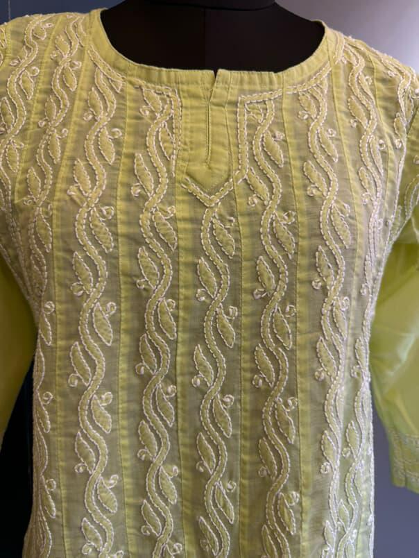 Parrot Green Pure Cotton Anarkali with Chikankari Shadow Embroidery