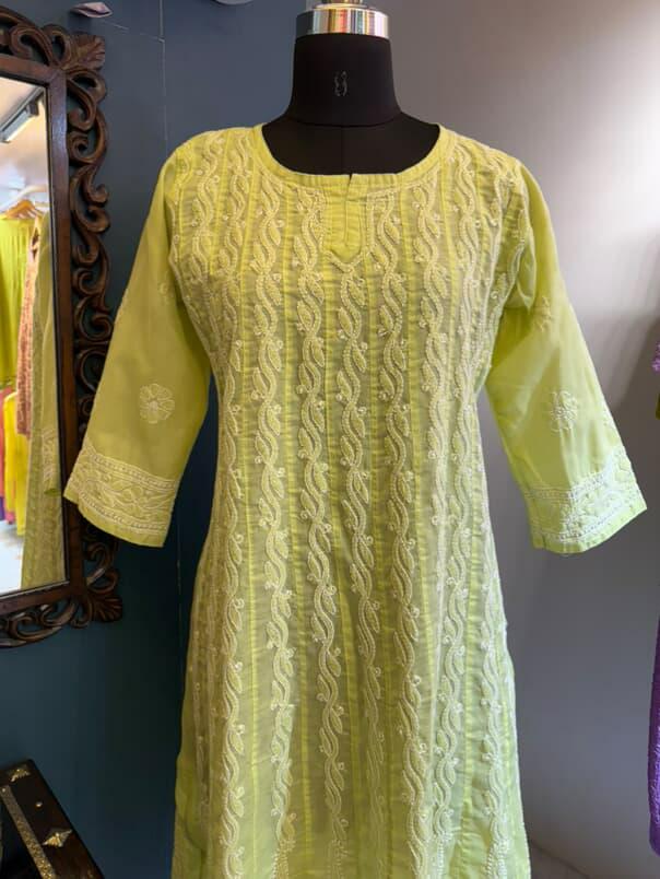 Parrot Green Pure Cotton Anarkali with Chikankari Shadow Embroidery