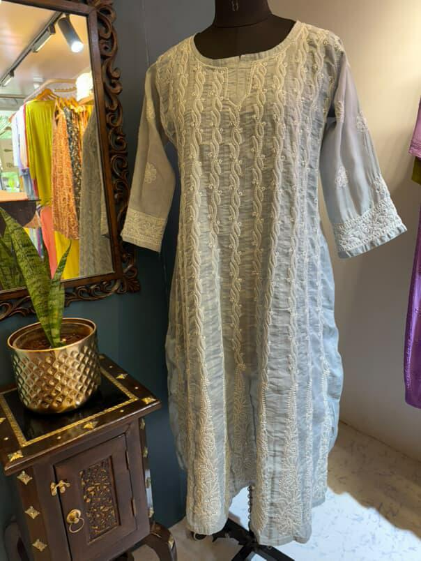 Grey Pure Cotton Anarkali with Chikankari Shadow Embroidery