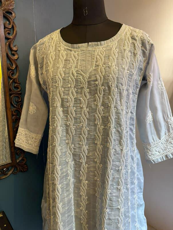 Grey Pure Cotton Anarkali with Chikankari Shadow Embroidery