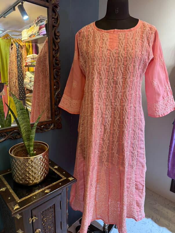 Peach Pure Cotton Anarkali with Chikankari Shadow Embroidery
