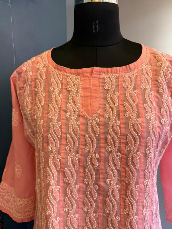 Peach Pure Cotton Anarkali with Chikankari Shadow Embroidery