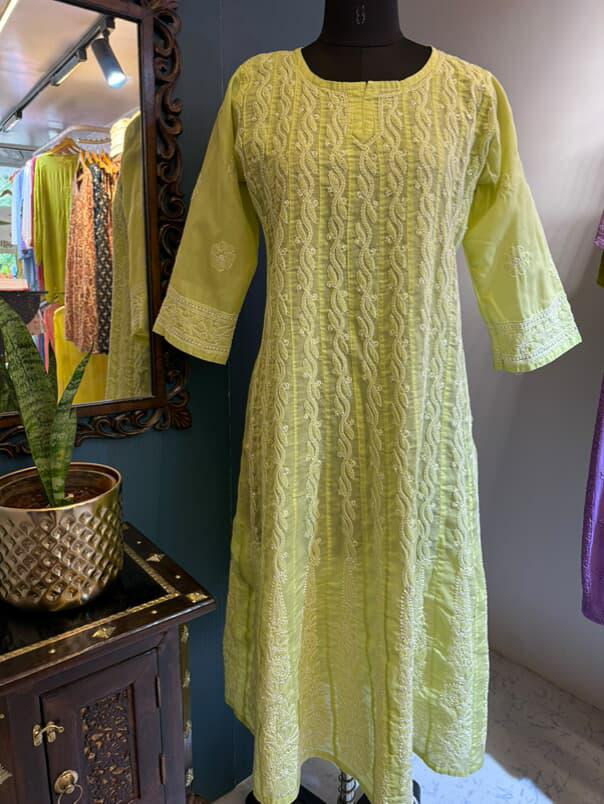 Parrot Green Pure Cotton Anarkali with Chikankari Shadow Embroidery