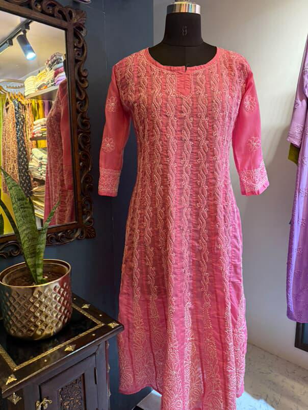 Pink Pure Cotton Anarkali with Chikankari Shadow Embroidery