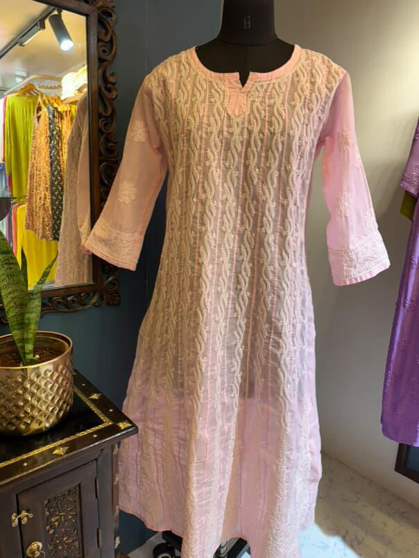 Baby Pink Pure Cotton Anarkali with Chikankari Shadow Embroidery