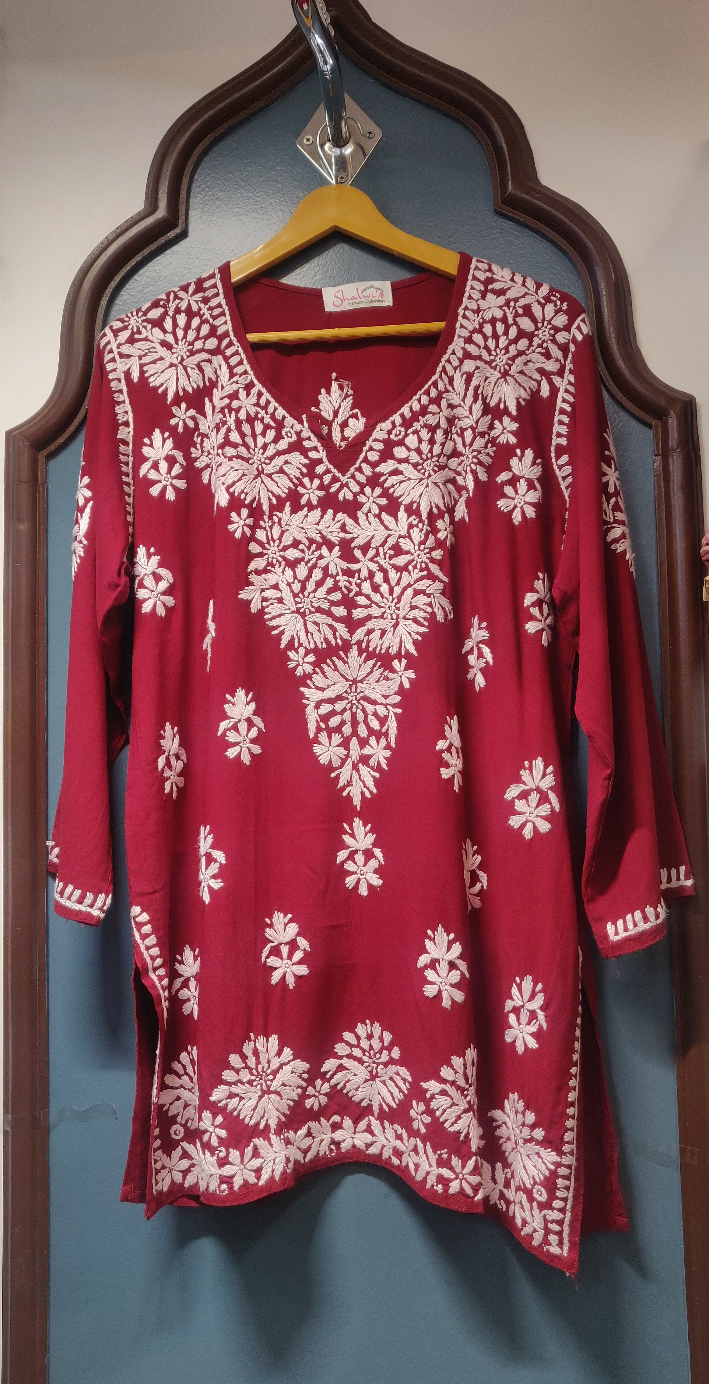 Rayon Short Kurti with Handcrafted Chikankari