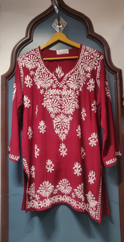 Rayon Short Kurti with Handcrafted Chikankari