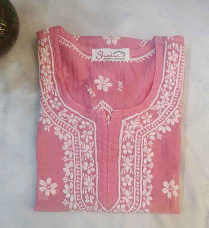 Pure Mul Chanderi Short Kurti with 3D Chikankari