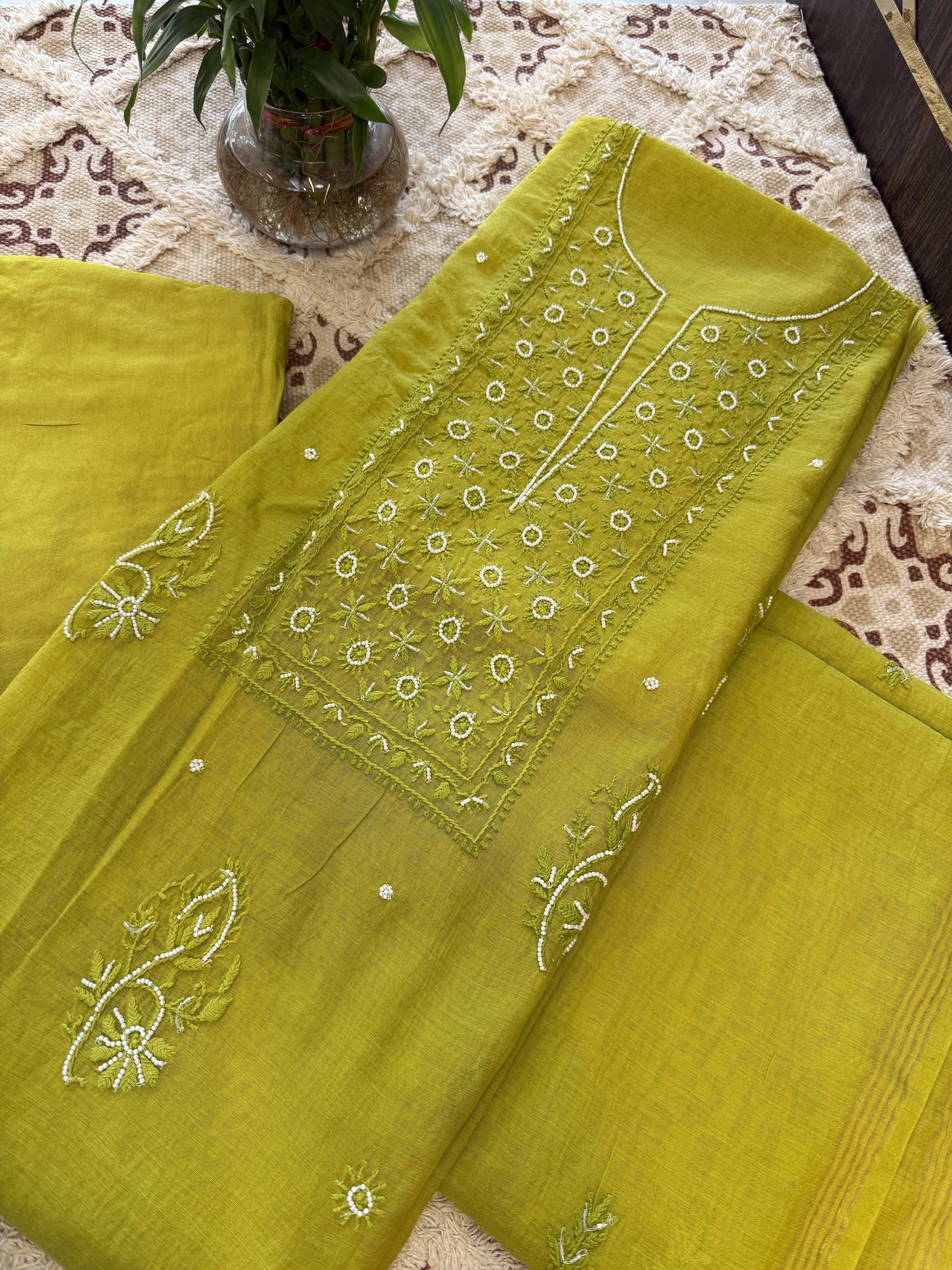 Pure Mul Chanderi Handcrafted 3-Piece Suit