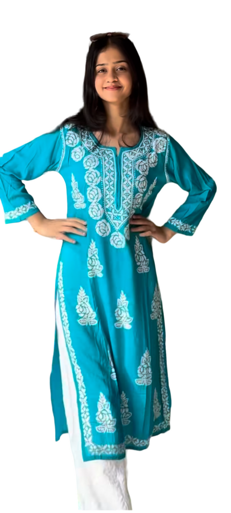 Tehzeeb - Modal Straight Kurti - Aqua Blue