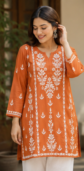 Rayon Short Kurti with Handcrafted Chikankari
