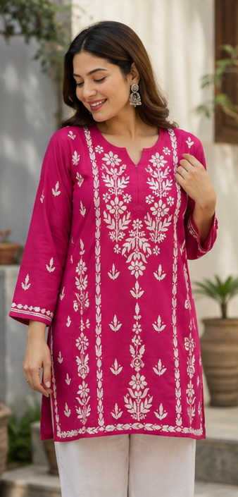 Rayon Short Kurti with Handcrafted Chikankari