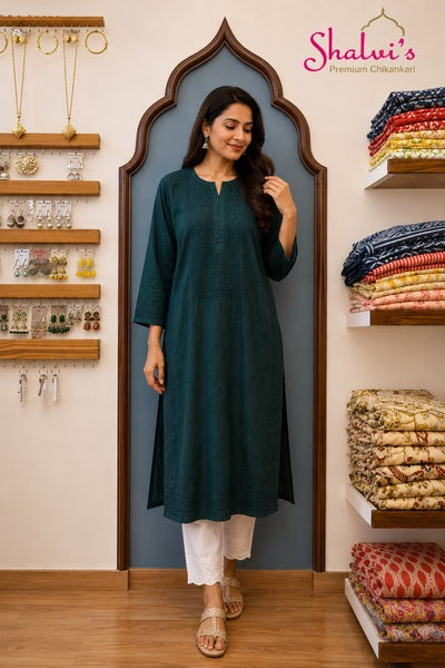 Pure Chanderi Long Kurti with Bakhiya Chikankari