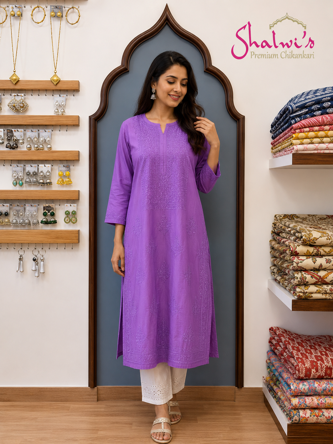 Pure Chanderi Long Kurti with Bakhiya Chikankari