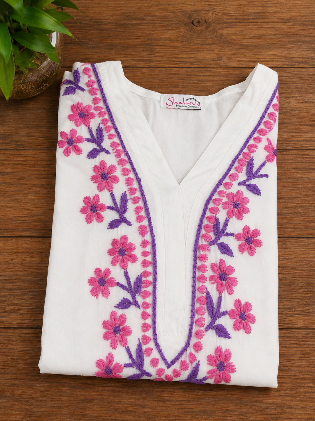 White Rayon Long Kurti with Dual-Thread Chikankari