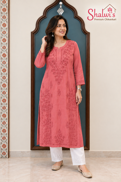 Pure Modal Satin Long Kurti with Detailed Chikankari Handwork