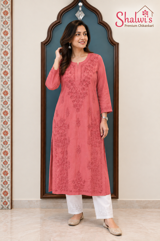 Pure Modal Satin Long Kurti with Detailed Chikankari Handwork