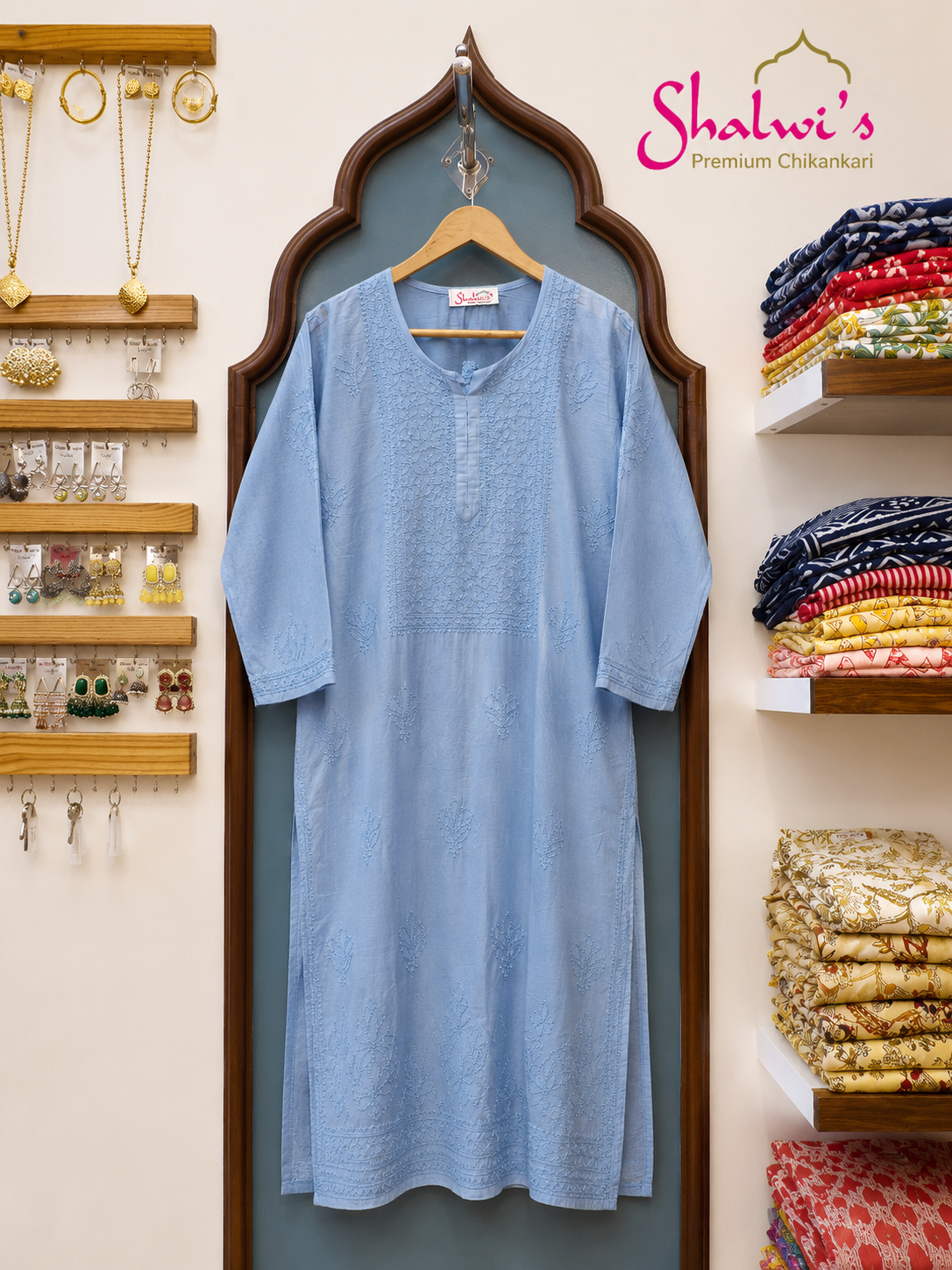 Pure Chanderi Long Kurti with Bakhiya Chikankari