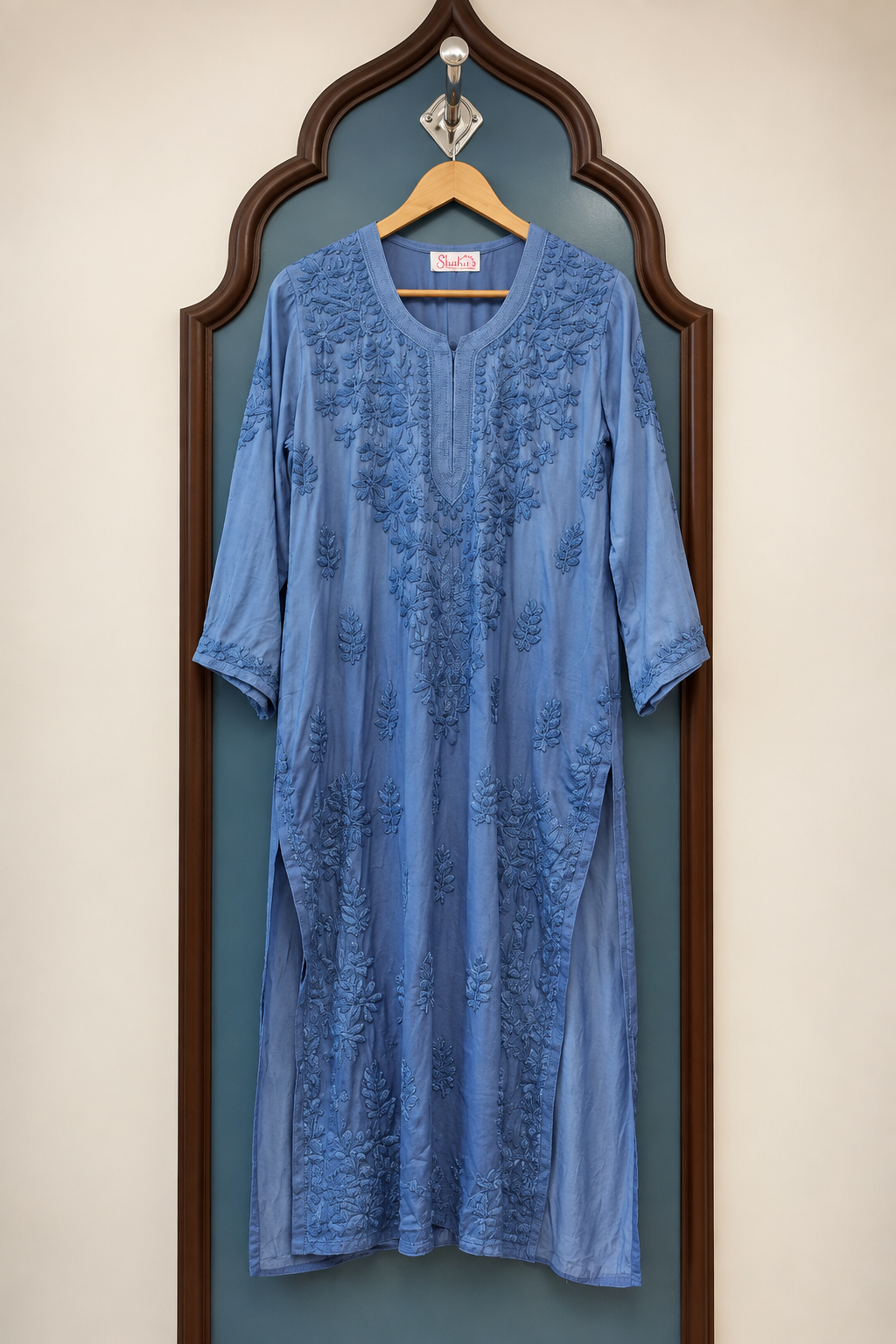 Pure Modal Satin Long Kurti with Detailed Chikankari Handwork