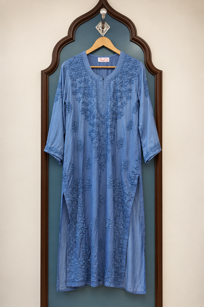 Pure Modal Satin Long Kurti with Detailed Chikankari Handwork