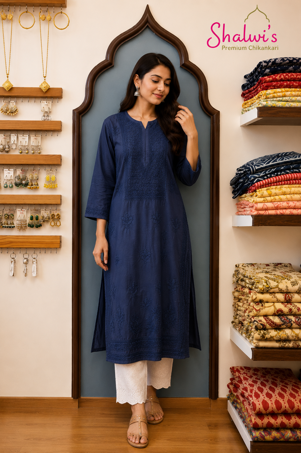 Pure Chanderi Long Kurti with Bakhiya Chikankari