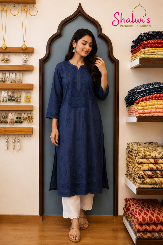 Pure Chanderi Long Kurti with Bakhiya Chikankari