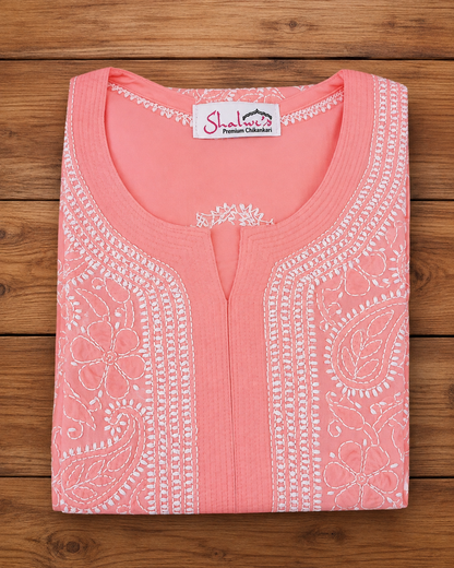 Cotton Voile Long Kurti with Chikankari Shadow Work