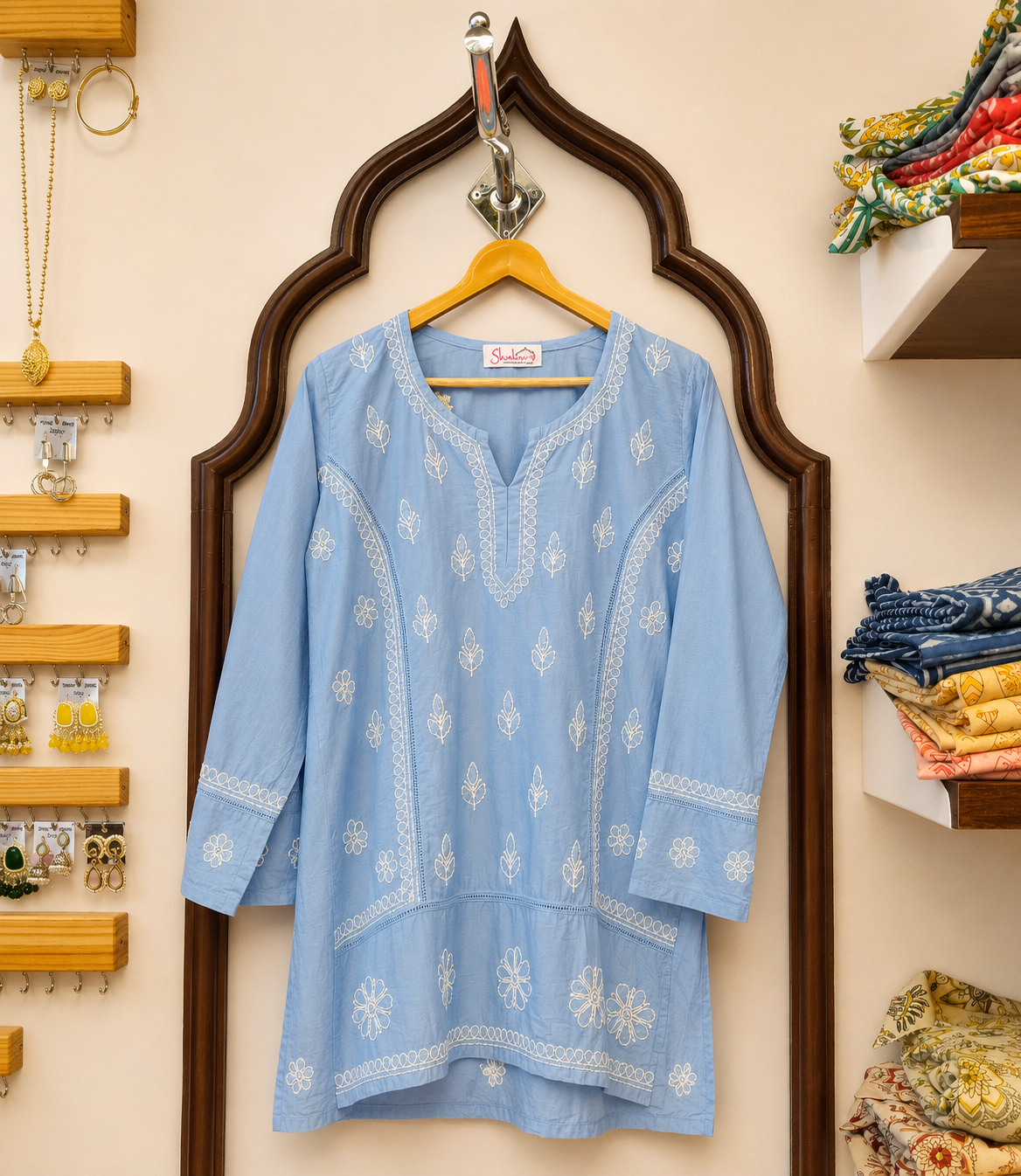 Chanderi Short Kurti with Bakhiya Chikankari