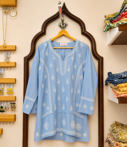 Chanderi Short Kurti with Bakhiya Chikankari