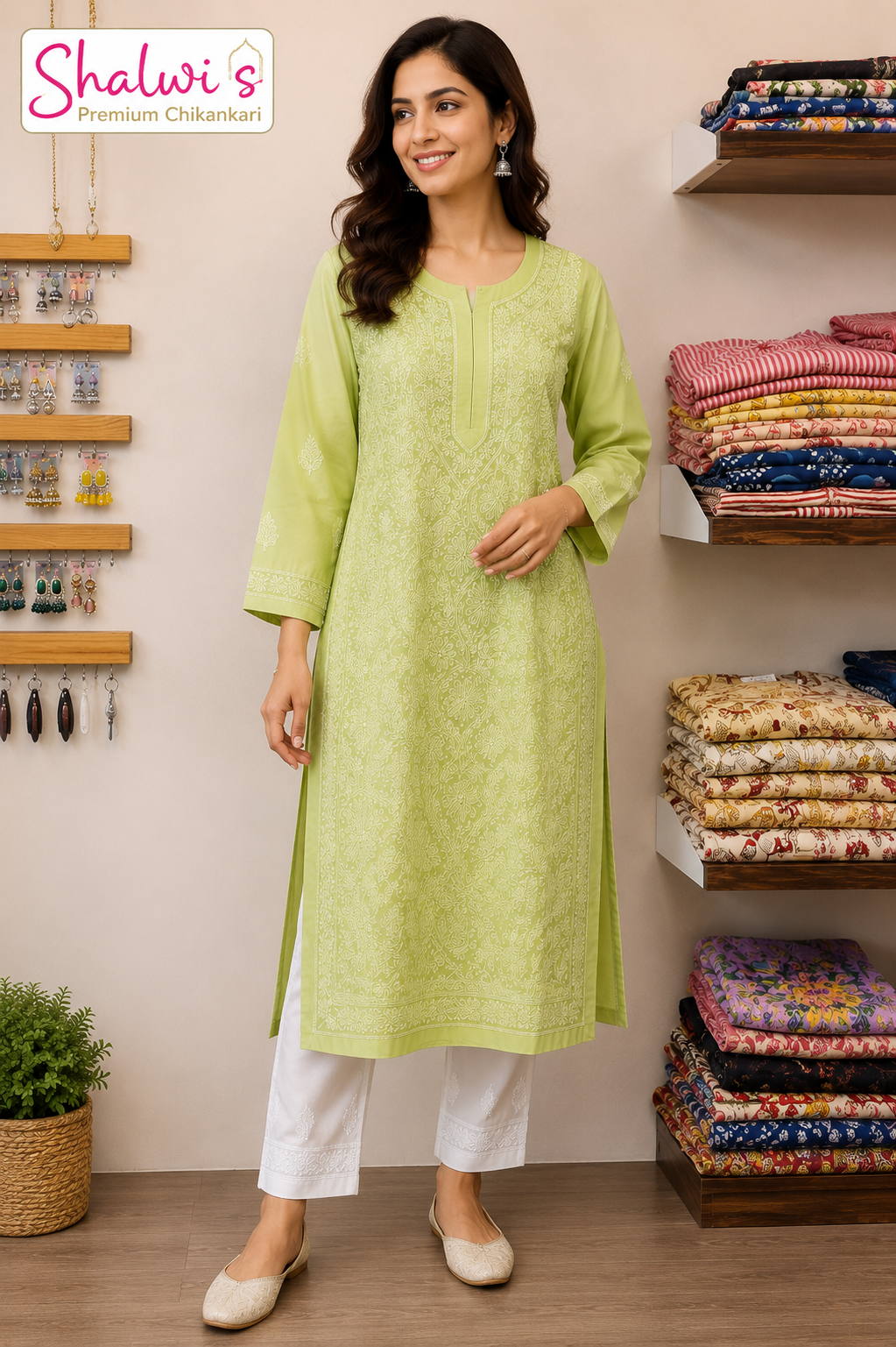 Cotton Voile Long Kurti with Chikankari Shadow Work