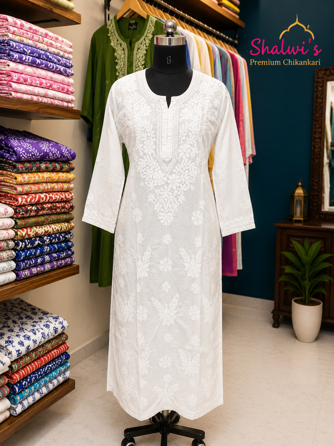 Pure Dyeable Cotton Long Kurti with Chikankari Handwork