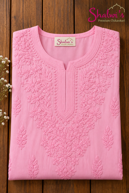 Pure Modal Satin Long Kurti with Detailed Chikankari Handwork
