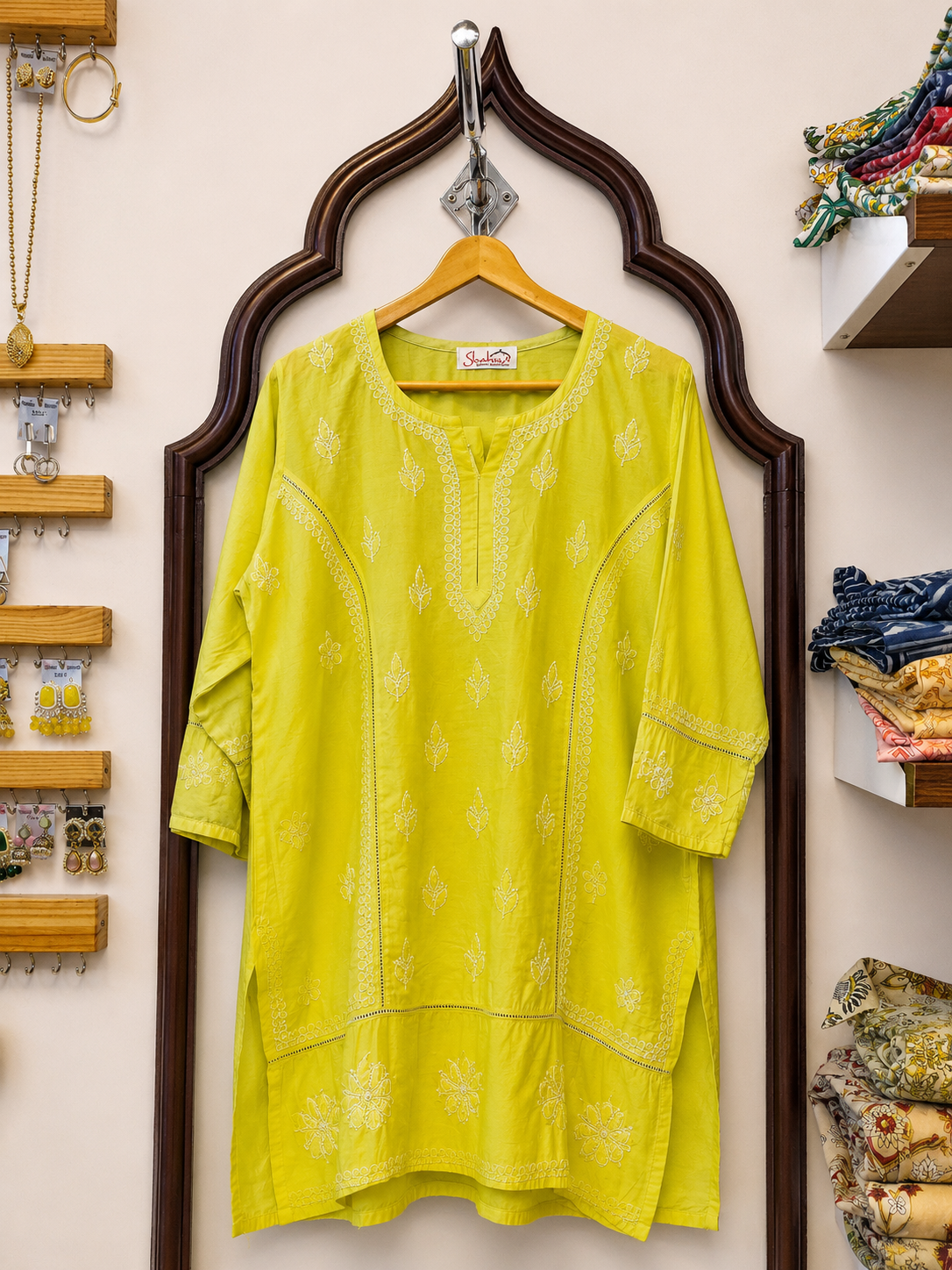 Chanderi Short Kurti with Bakhiya Chikankari