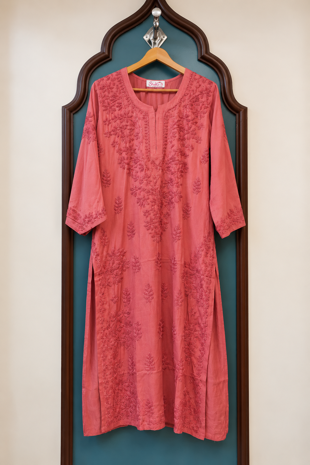 Pure Modal Satin Long Kurti with Detailed Chikankari Handwork