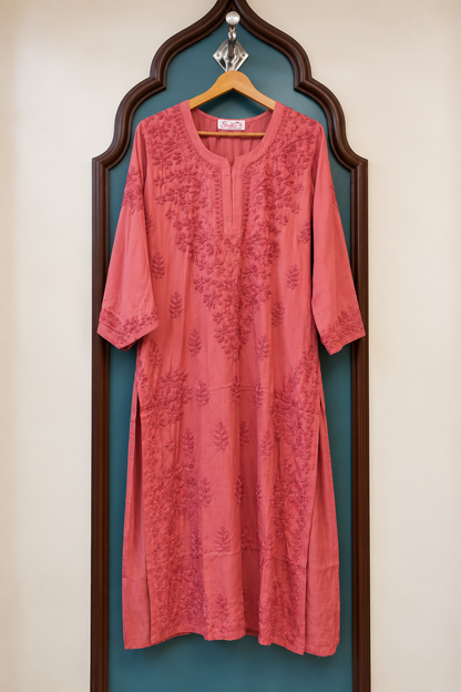 Pure Modal Satin Long Kurti with Detailed Chikankari Handwork