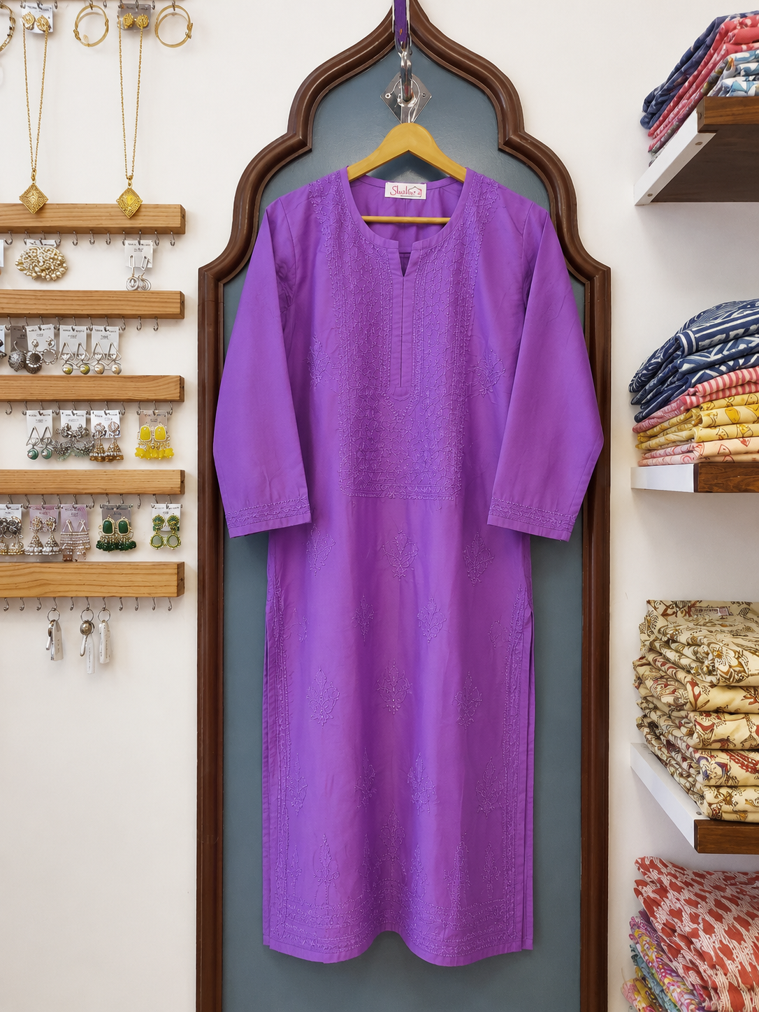 Pure Chanderi Long Kurti with Bakhiya Chikankari