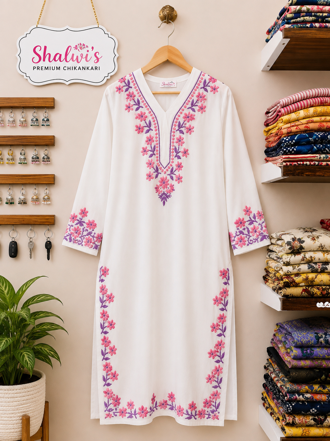 White Rayon Long Kurti with Dual-Thread Chikankari