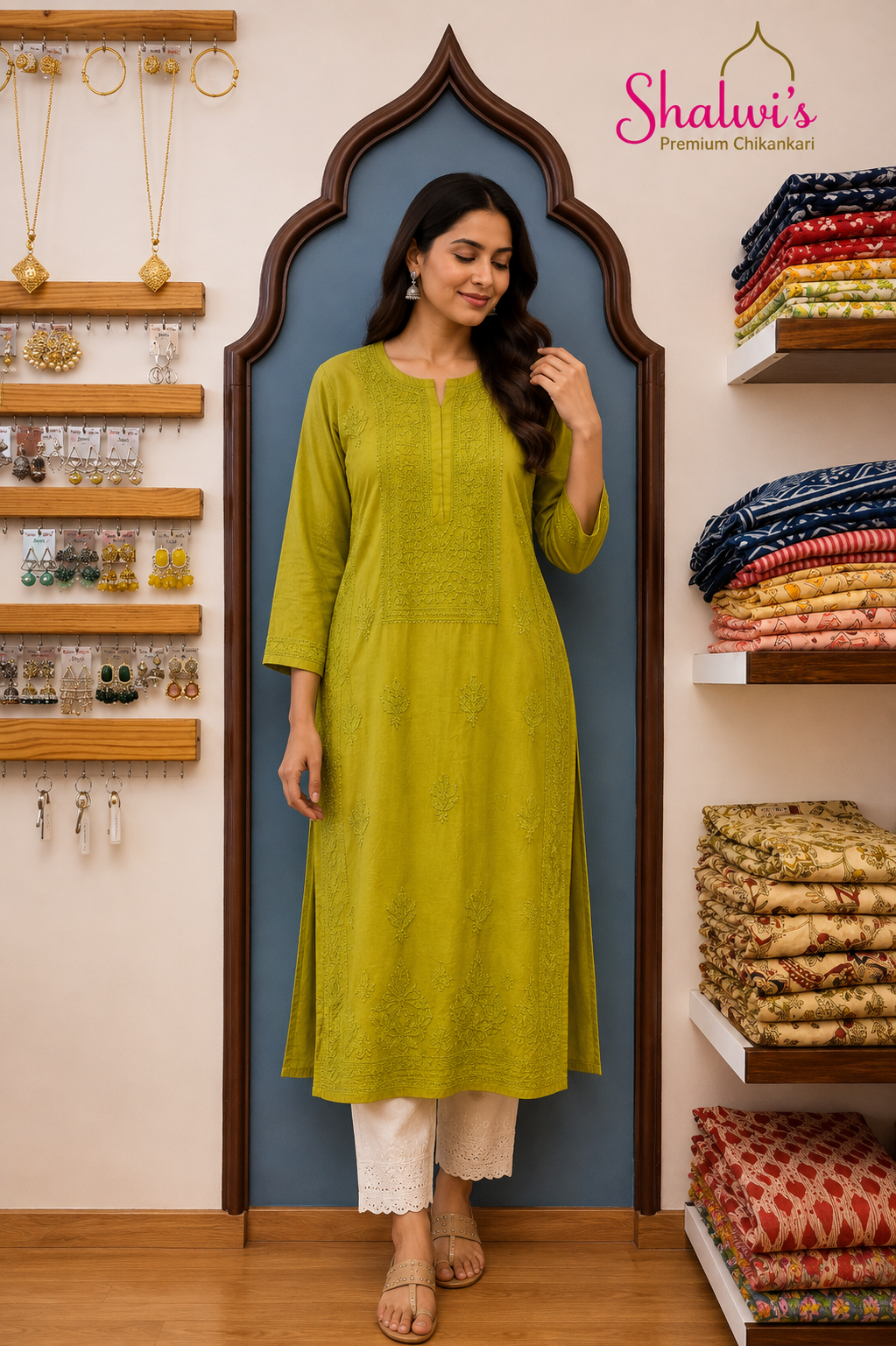 Pure Chanderi Long Kurti with Bakhiya Chikankari
