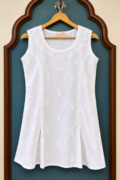 Pure Cotton Sleeveless Short Kurti with Bakhiya Chikankari