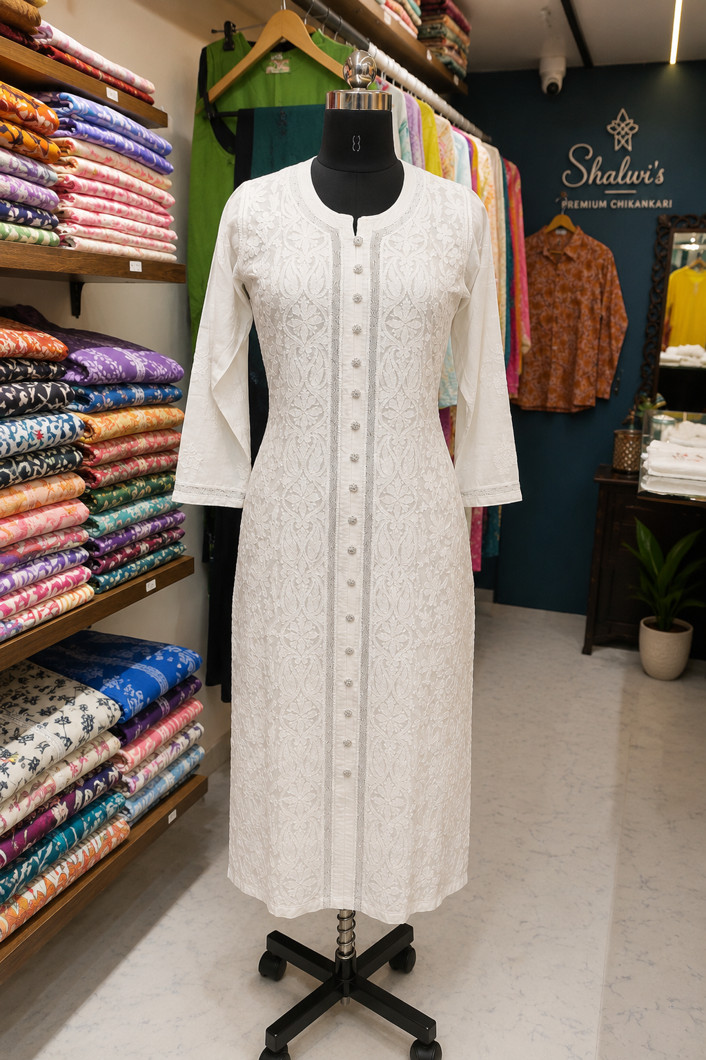 White Cotton Voile Long Kurti with Shadow Work