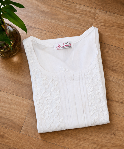 White Cotton Chikankari Long Kurti