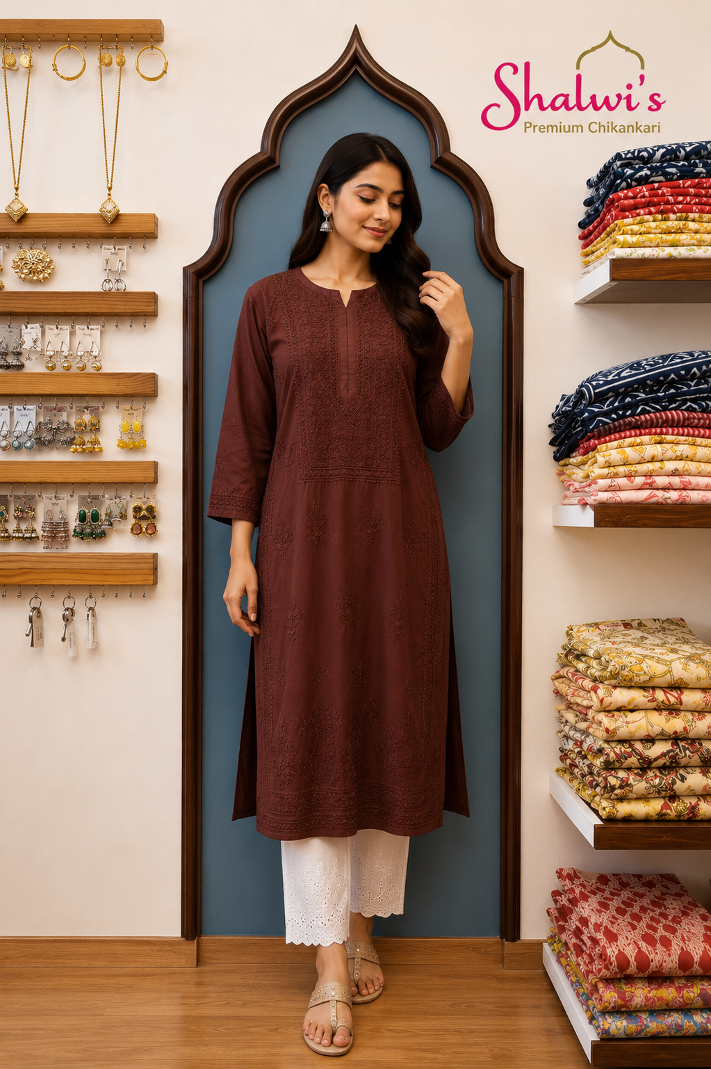 Pure Chanderi Long Kurti with Bakhiya Chikankari