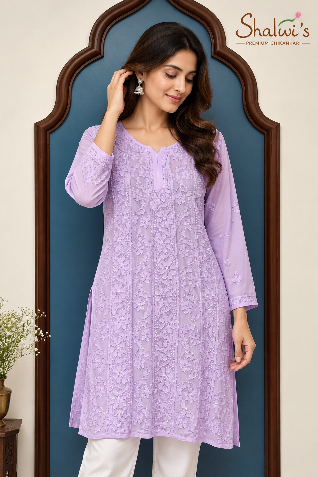 Pure Viscose Short Kurti with Intricate Resham Chikankari
