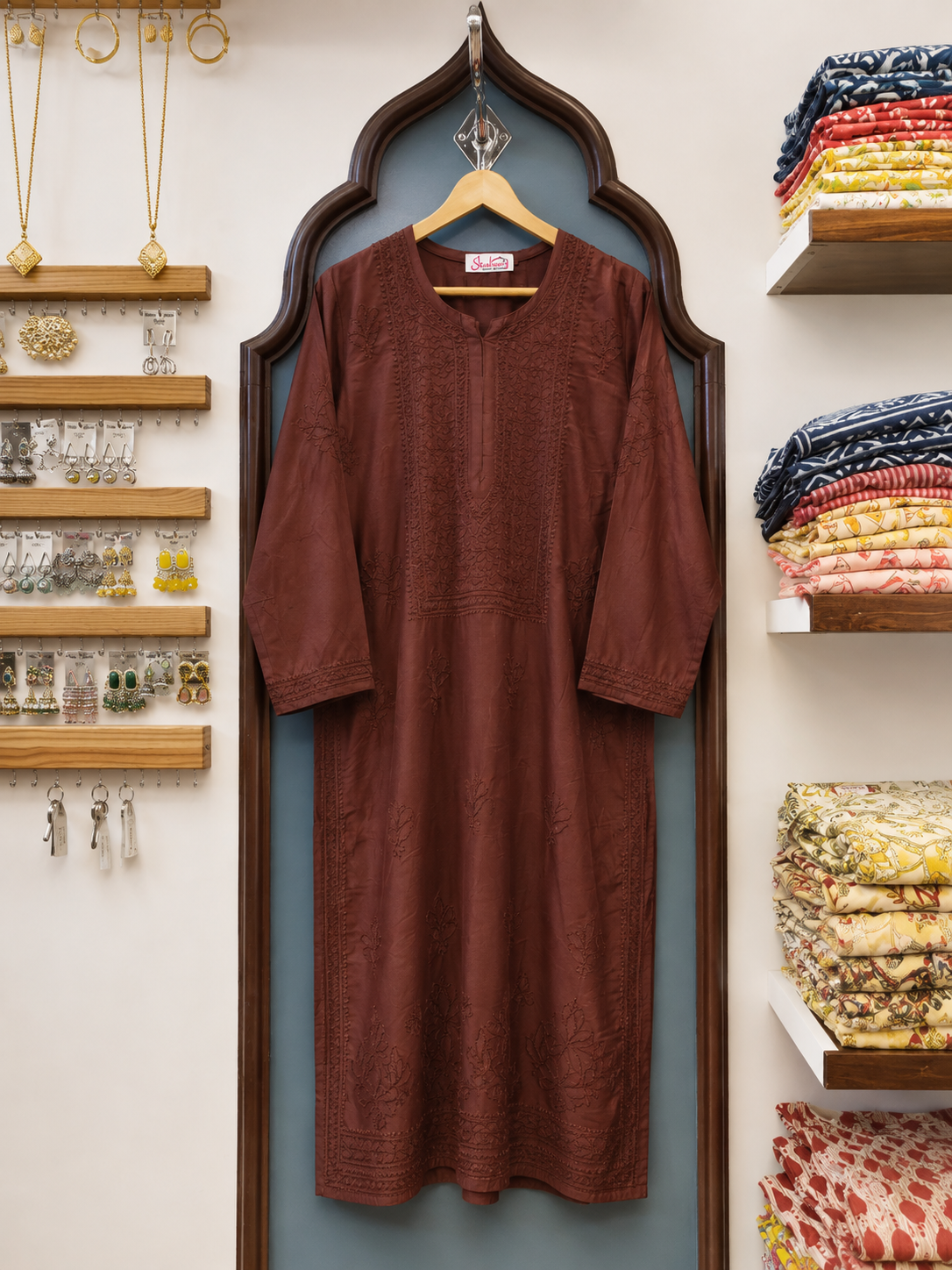 Pure Chanderi Long Kurti with Bakhiya Chikankari