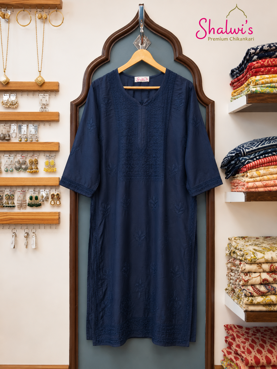 Pure Chanderi Long Kurti with Bakhiya Chikankari
